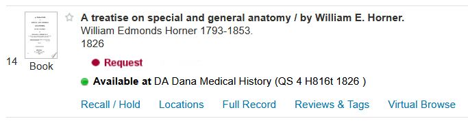 sample CATQuest result showing "Available at DA Dana Medical History (QS 4 H816t 1826)" for the location