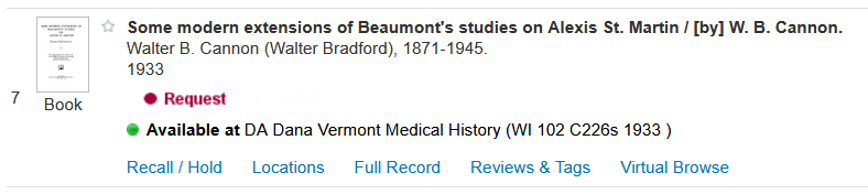 sample CATQuest result showing "Available at DA Dana Vermont Medical History (WI 102 C226s 1933)" for the location